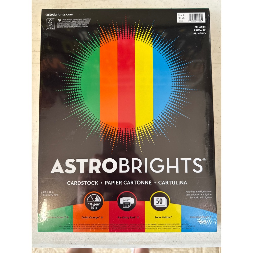 Astrobrights Primary Cardstock 8.5 x 11 65 lb 50 Sheets‎ Multi Color 99325
